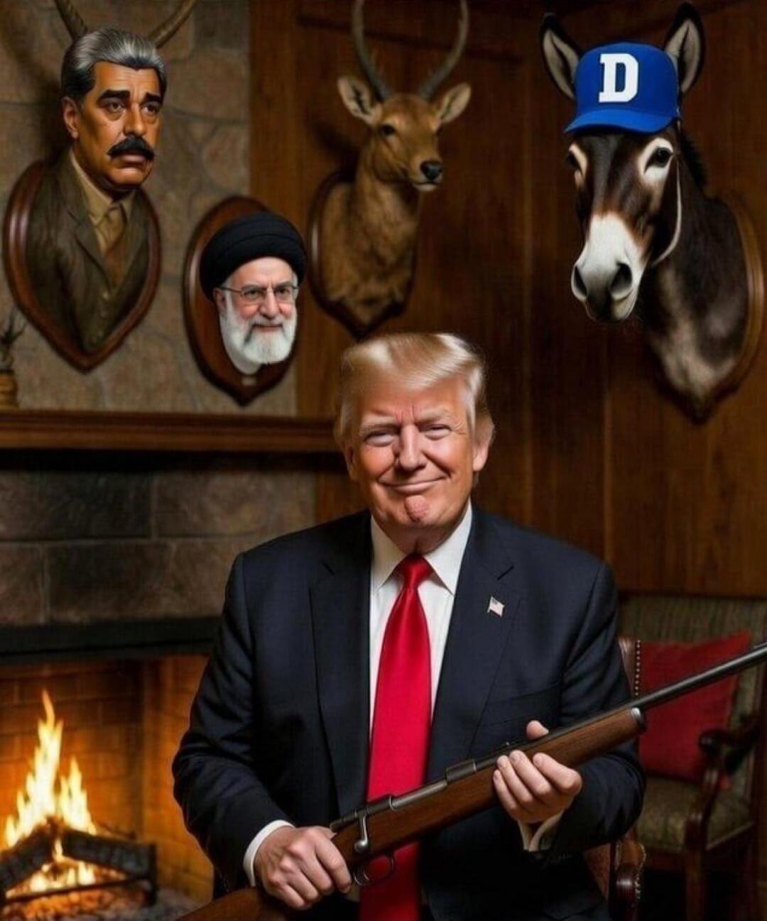 Donald Trump holding a rifle in front of a fireplace, with taxidermied heads of Stalin, a deer, a donkey wearing a blue cap with a 'D', and a religious figure on the wall.