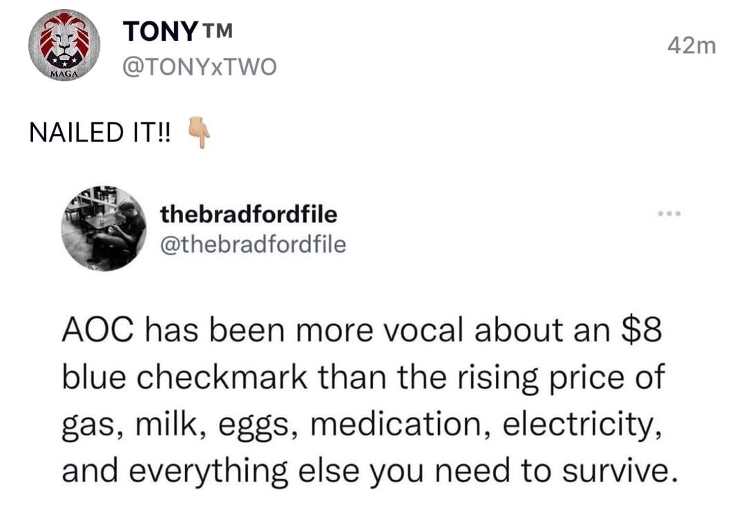 TONY M i TONYXTWO NAILED IT thebradfordfile thebradfordfile AOC has been more vocal about an 8 blue checkmark than the rising price of gas milk eggs medication electricity and everything else you need to survive a7 3