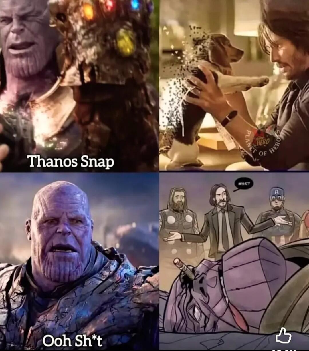 Thanos Snap. A dog is turning into dust. Ooh Sh*t. WHAT? Thanos is defeated with a pencil in his eye, while Thor, John Wick, and Captain America stand over him.