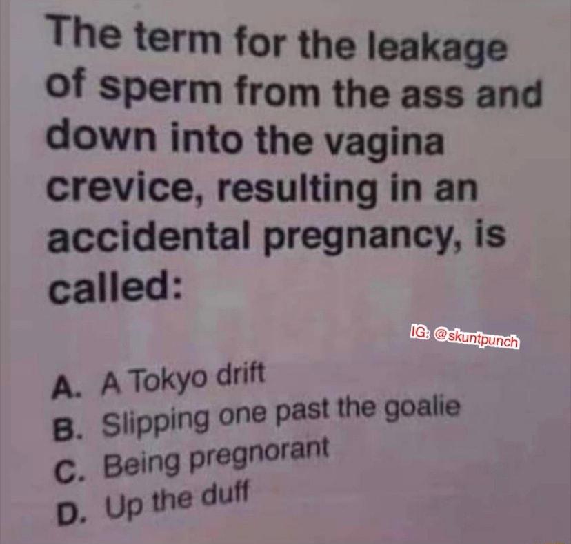 The term for the leakage of sperm from the ass and down into the vagina crevice resulting in an accidental pregnancy is called IGs GASkuntpunet A ATokyo drift B Slipping one past the goalie