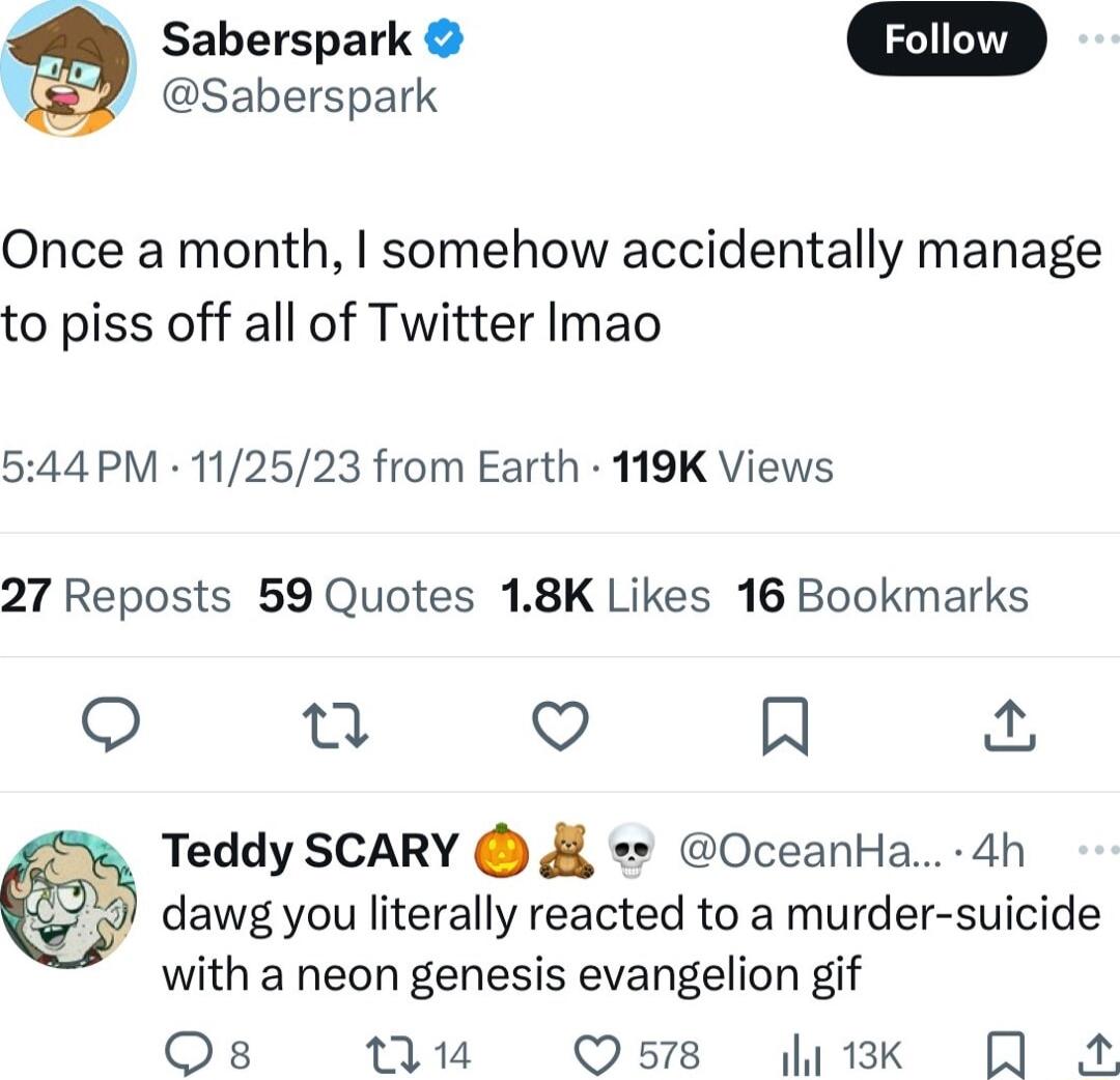 Saberspark y Saberspark Once a month somehow accidentally manage to piss off all of Twitter Imao 544 PM 112523 from Earth 119K Views 27 Reposts 59 Quotes 18K Likes 16 Bookmarks O u Q A Teddy SCARY OceanHa 4h dawg you literally reacted to a murder suicide with a neon genesis evangelion gif Qs 1 Osi ek 4