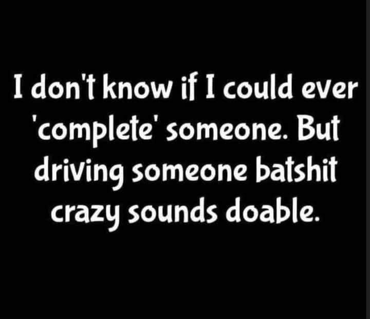 I dont know if I could ever complete someone But driving someone batshit crazy sounds doable