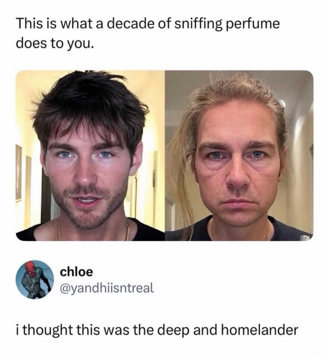 This is what a decade of sniffing perfume does to you. chloe @yandhiisntreal i thought this was the deep and homelander