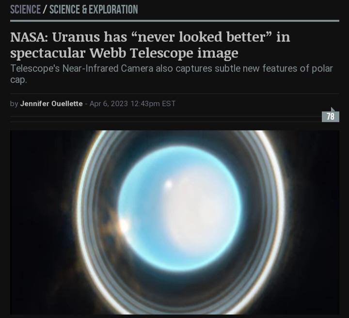 CE SCIENCE EXPLORATION NASA Uranus has never looked better in spectacular Webb Telescope image e elescopes Near Infrared Camera also capture cap features of polar Jennitr Oushtte