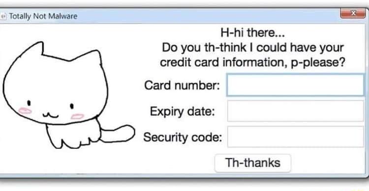 Totaly Not Matware H hi there Do you th think could have your credit card information p please Card number Expiry date Security code w Ththanks