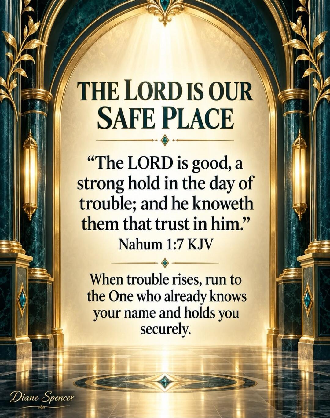 THE LORD IS OUR SAFE PLACE “The LORD is good, a strong hold in the day of trouble; and he knoweth them that trust in him.” Nahum 1:7 KJV When trouble rises, run to the One who already knows your name and holds you securely. Diane Spencer