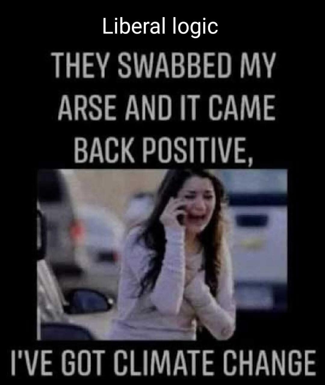 Liberal logic THEY SWABBED MY ARSE AND IT CAME BACK POSITIVE, I'VE GOT CLIMATE CHANGE