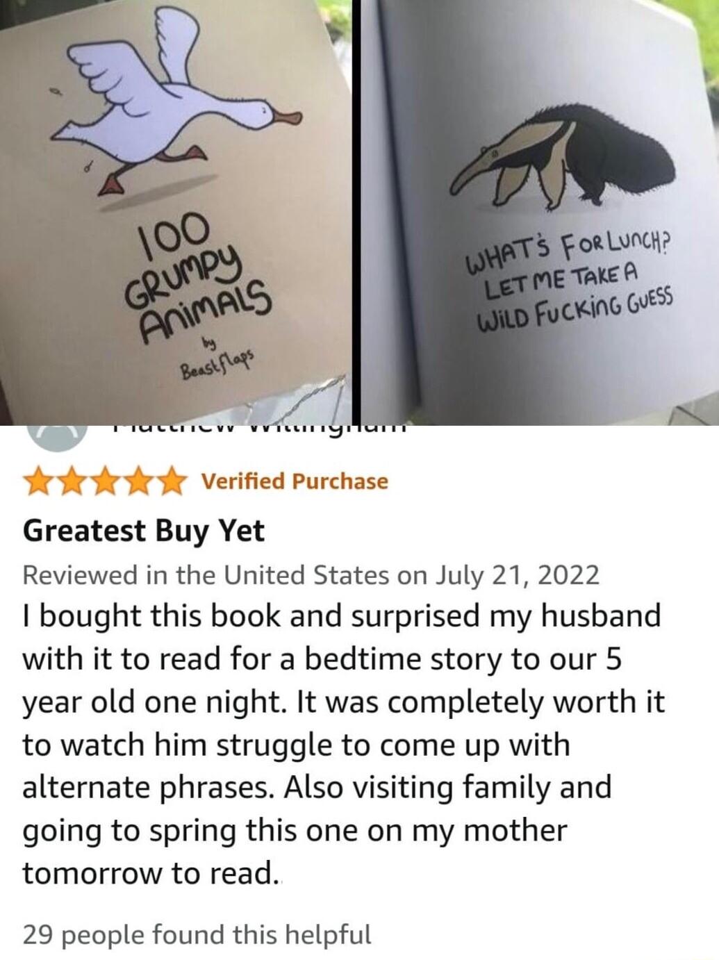 Verified Purchase Greatest Buy Yet Reviewed in the United States on July 21 2022 I bought this book and surprised my husband with it to read for a bedtime story to our 5 year old one night It was completely worth it to watch him struggle to come up with alternate phrases Also visiting family and going to spring this one on my mother tomorrow to read 29 people found this helpful