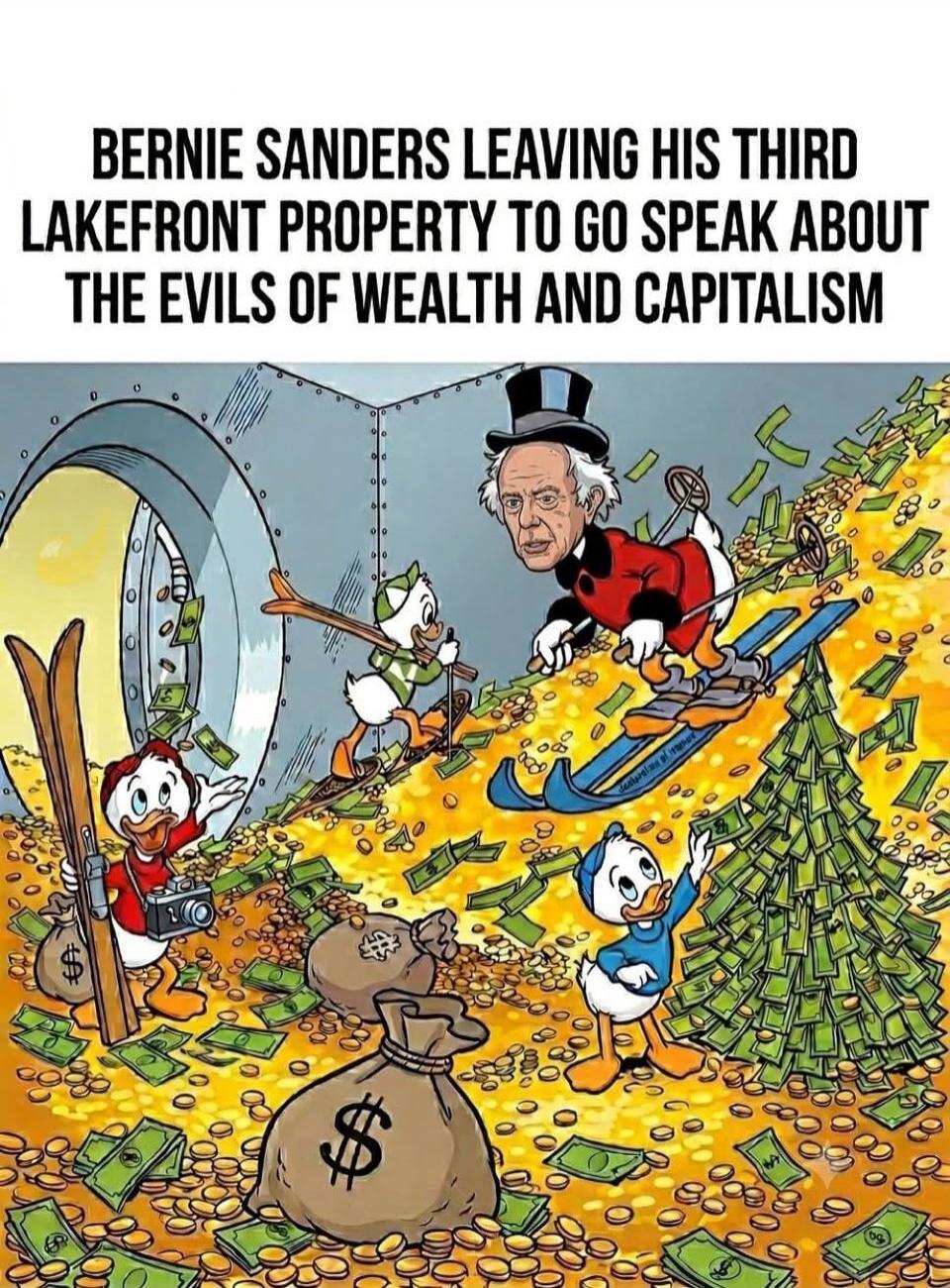 BERNIE SANDERS LEAVING HIS THIRD LAKEFRONT PROPERTY TO GO SPEAK ABOUT THE EVILS OF WEALTH AND CAPITALISM