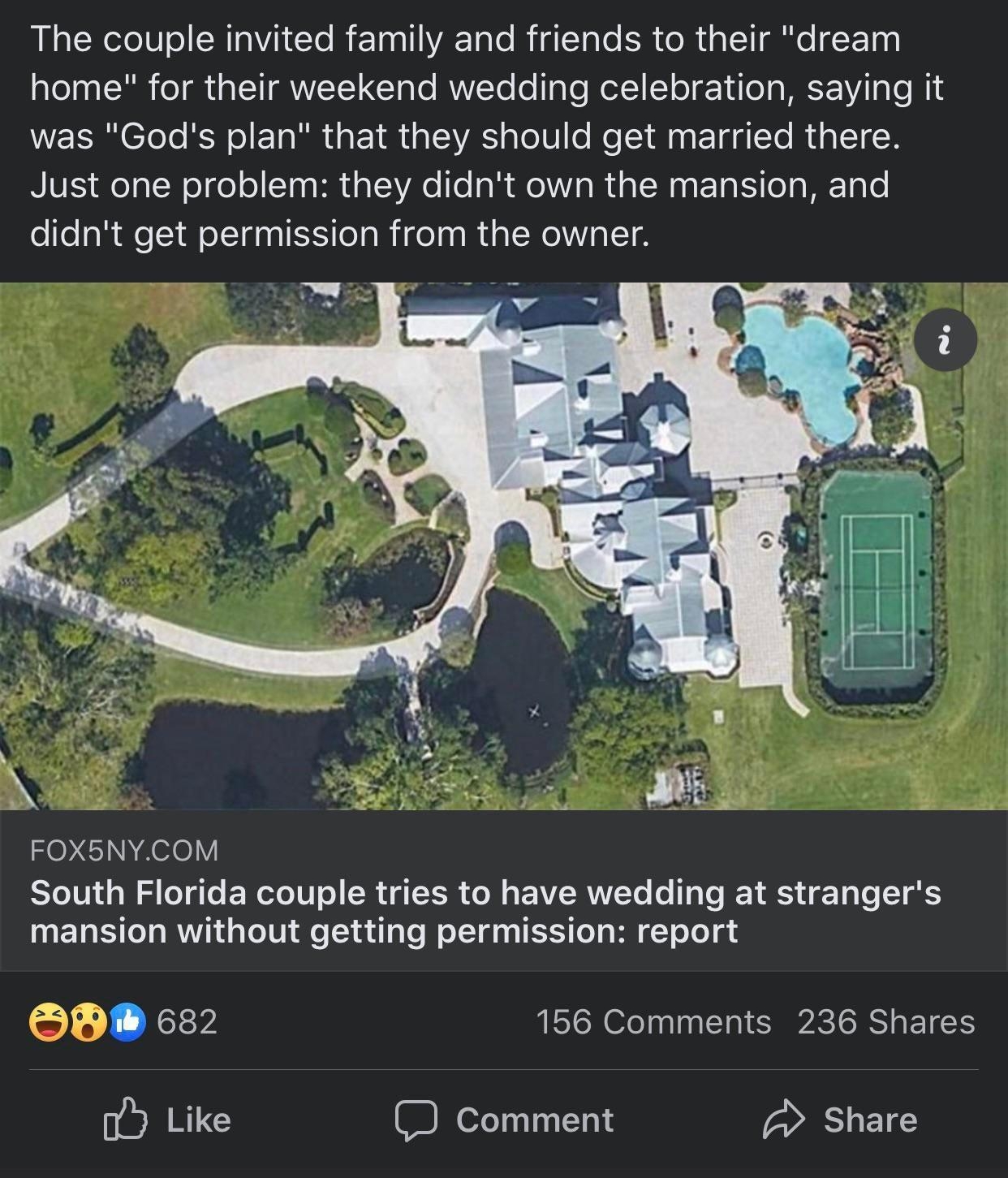 The couple invited family and friends to their dream home for their weekend wedding celebration saying it WIS Clolo o ETaRR s EI Mo T alole Re il aaF TaalTe Mia T R Just one problem they didnt own the mansion and didnt get permission from the owner FOX5NYCOM Yol U1 W o gTe ENeTol0 o W IgTER oW EXV RWINe LeTa e I ES T a Lo T oS mansion without getting permission report o XXV 156 Comments 236 Shares