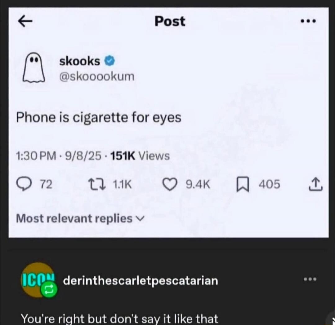 skooks @skoooookum: Phone is cigarette for eyes. 1:30 PM · 9/8/25 · 151K Views. 72 comments, 1.1K reposts, 9.4K likes, 405 saves. Most relevant replies. derinthescarletpescatarian: You're right but don't say it like that.