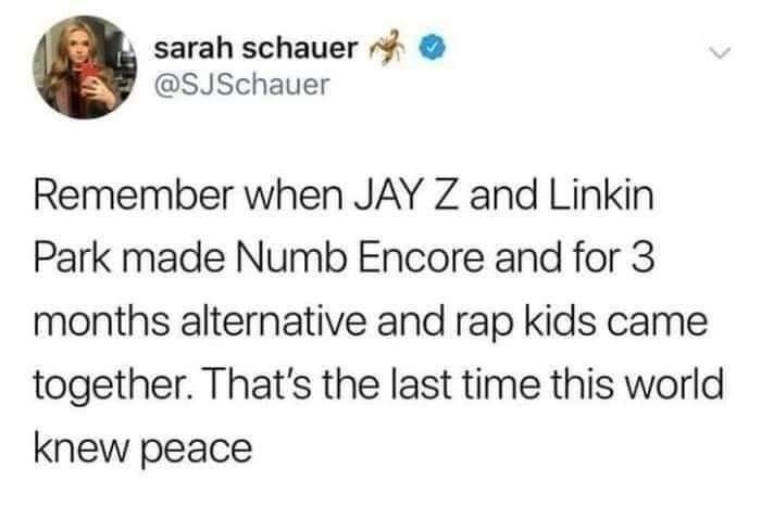 sarah schauer SJSchauer Remember when JAY Z and Linkin Park made Numb Encore and for 3 months alternative and rap kids came together Thats the last time this world knew peace