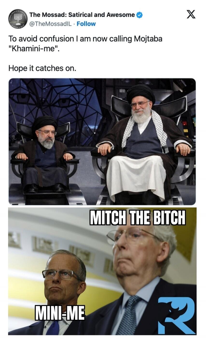 The Mossad: Satirical and Awesome @TheMossadIL Follow To avoid confusion I am now calling Mojtaba 'Khamini-me'. Hope it catches on. MITCH THE BITCH MINI-ME
