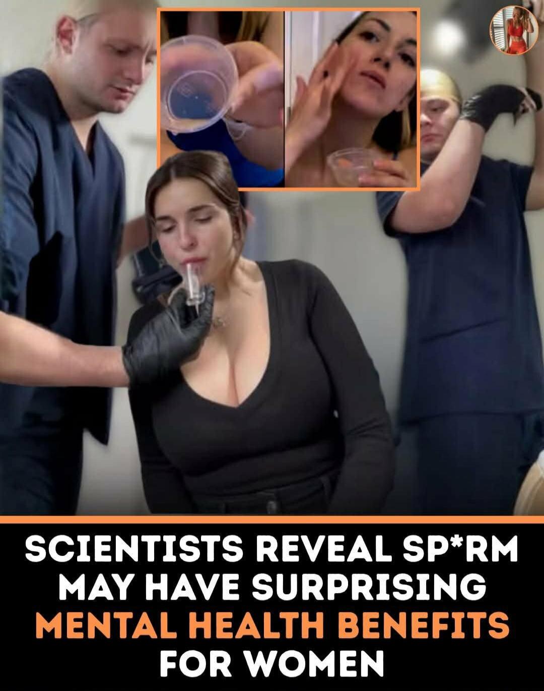Scientists reveal sp*rm may have surprising mental health benefits for women. A woman is shown consuming liquid from a syringe, while in insets, liquid is poured from a cup and applied to a woman's face.