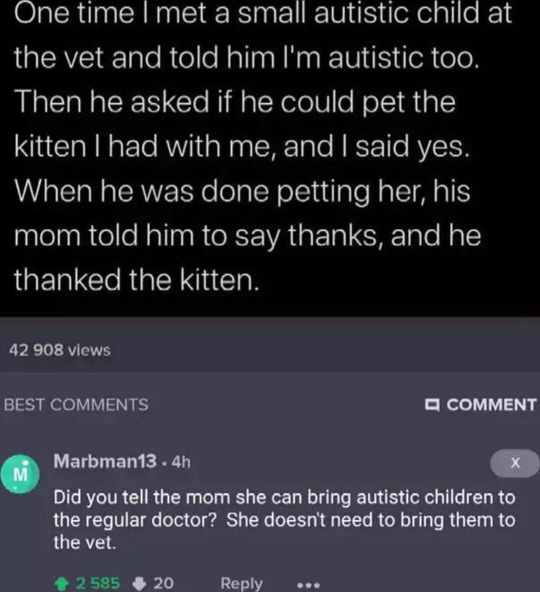 One time met a small autistic child at the vet and told him Im autistic too Then he asked if he could pet the kitten had with me and said yes When he was done petting her his mom told him to say thanks and he LUENTC R YT