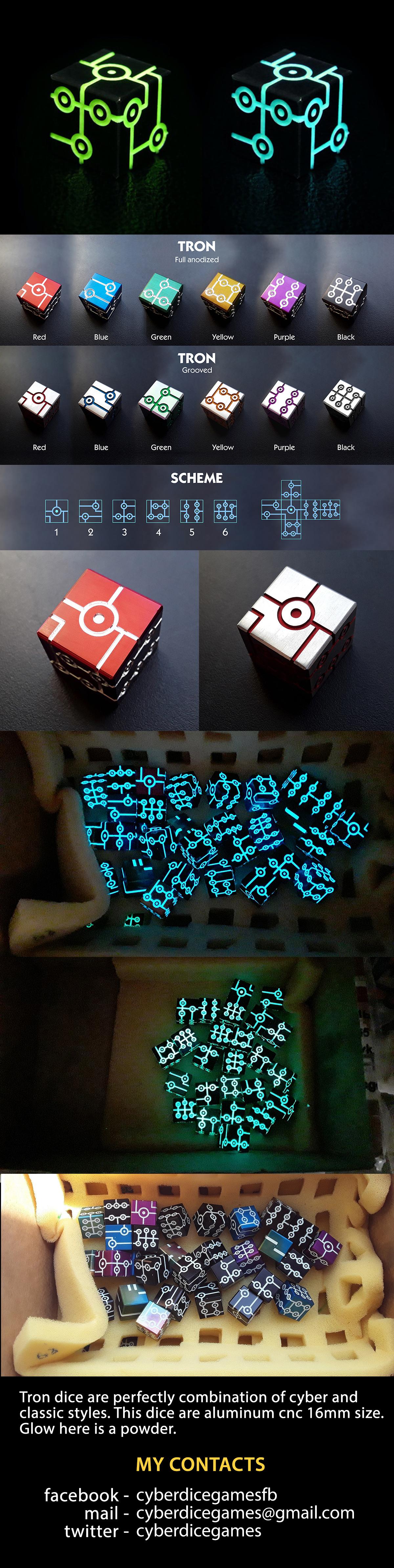Tron dice are perfectly combination of cyber and classic styles This dice are aluminum cnc 16mm size Glow here is a powder MY CONTACTS facebook cyberdicegamesfb mail cyberdicegamesgmailcom twitter cyberdicegames