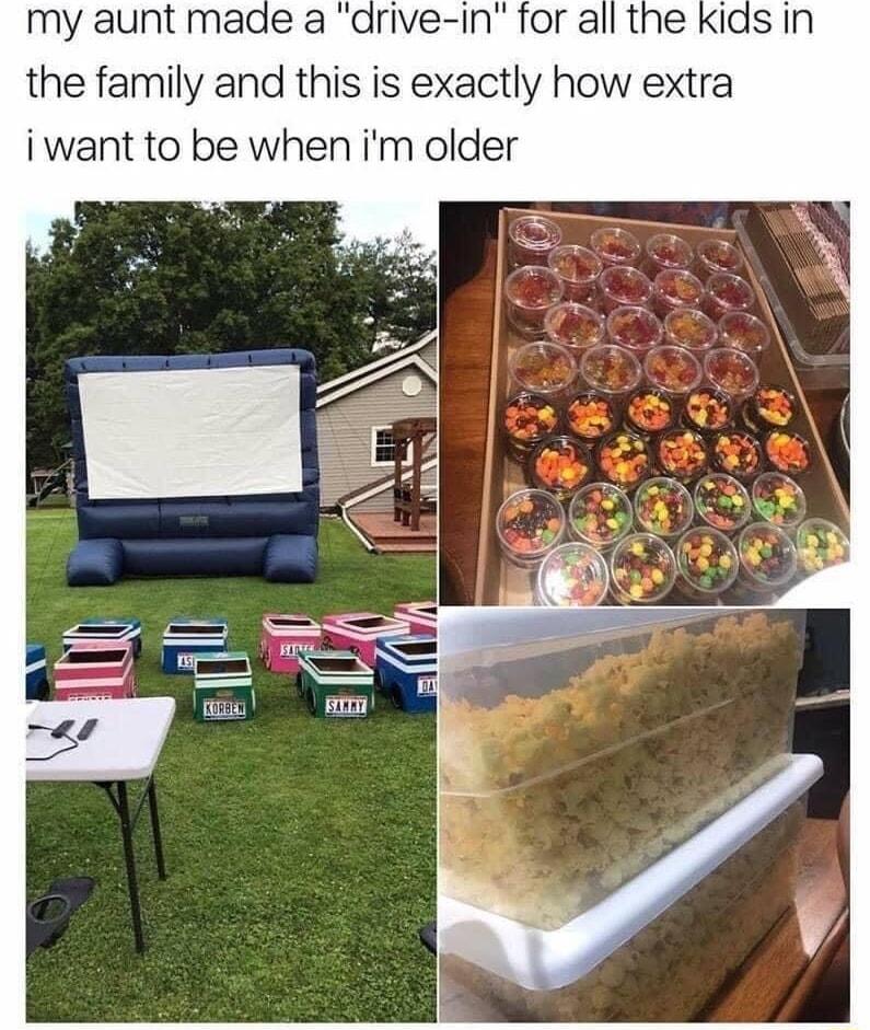 my aunt made a drive in for all the Kids in the family and this is exactly how extra i want to be when im older