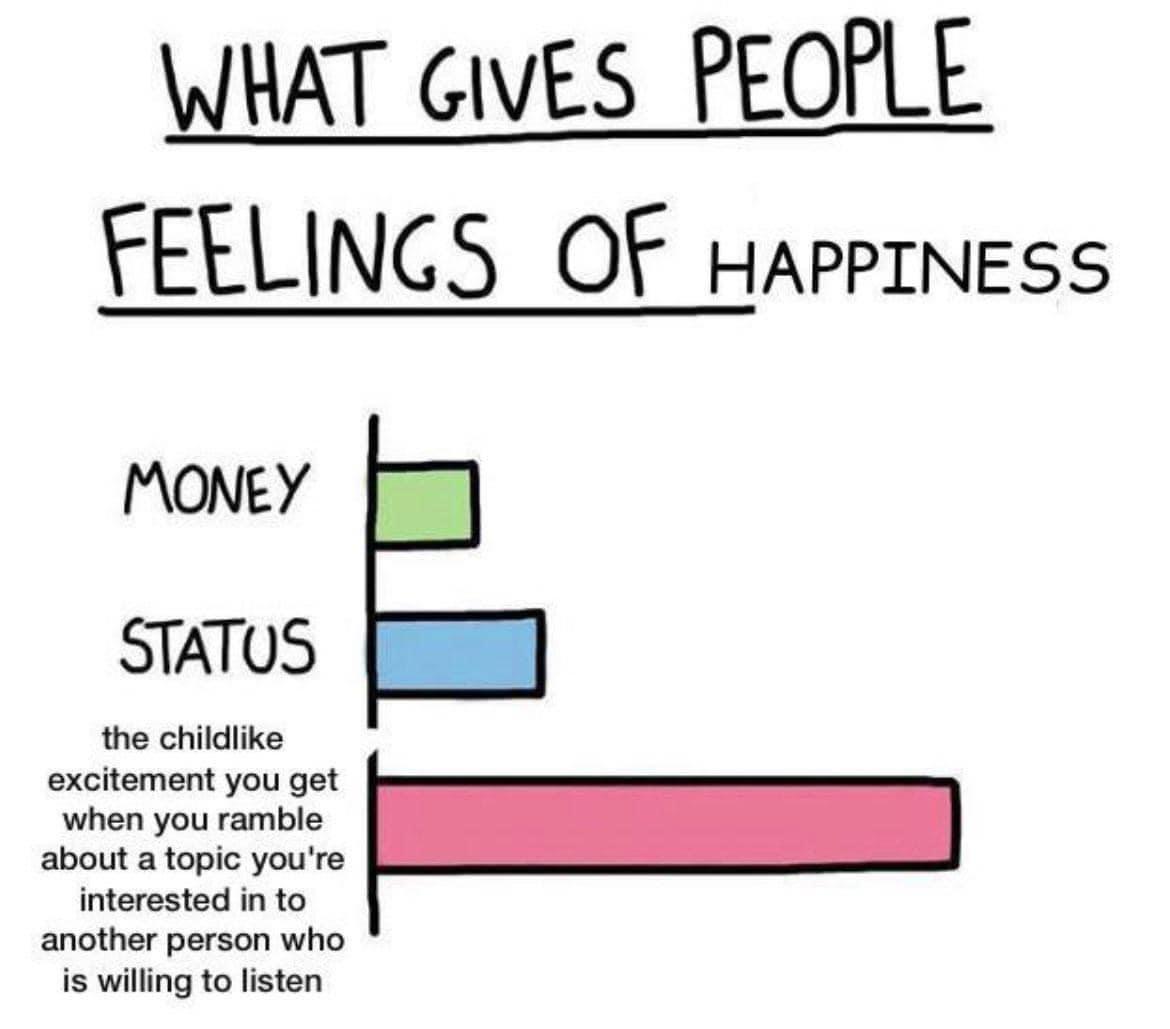 WHAT GIvES PEOPLE FEELINGS OF HappINESS MONEY STATUS excitement you get about a topic youre interested in to another person who is willing to listen