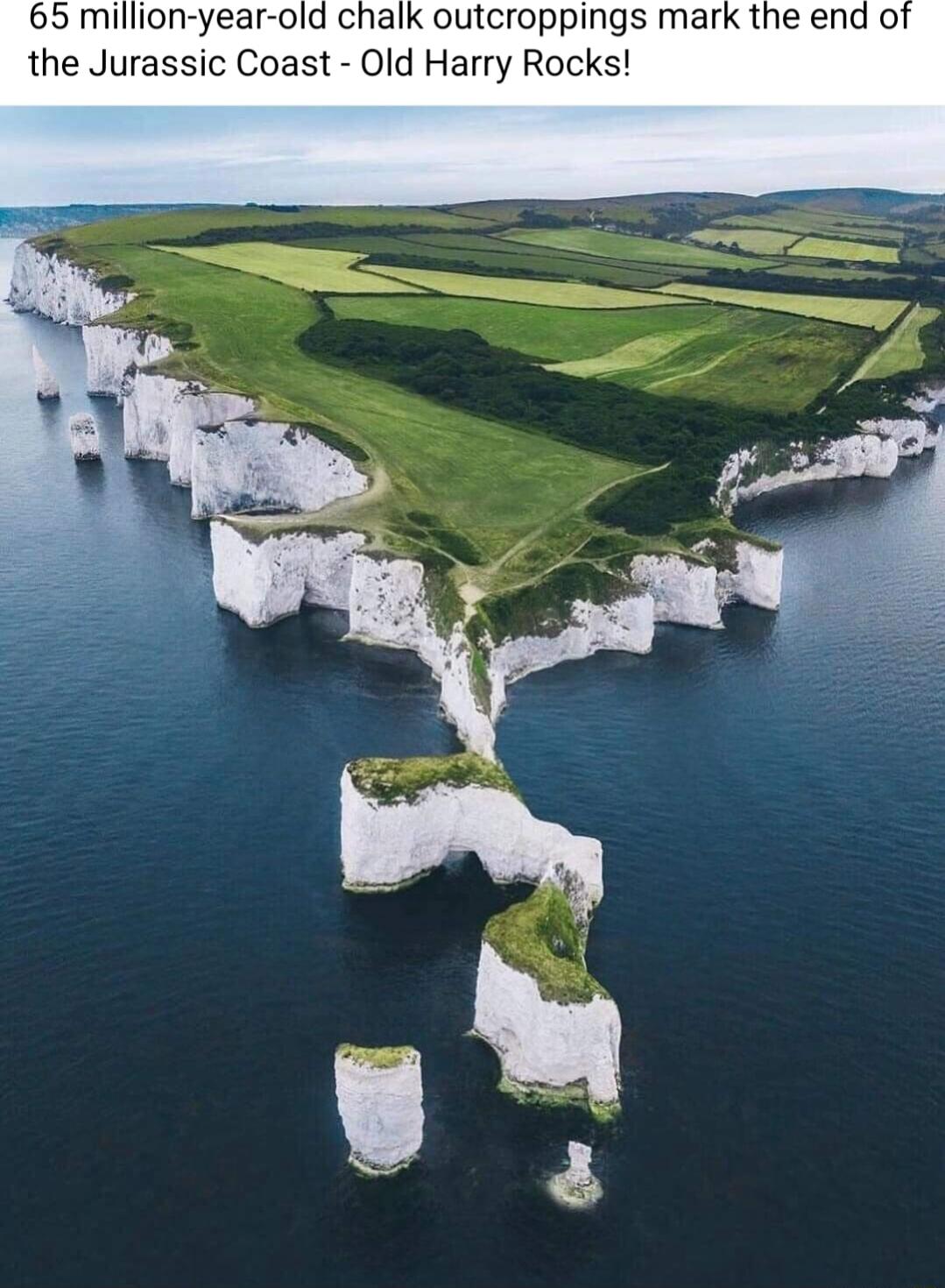65 million year old chalk outcroppings mark the end of the Jurassic Coast Old Harry Rocks