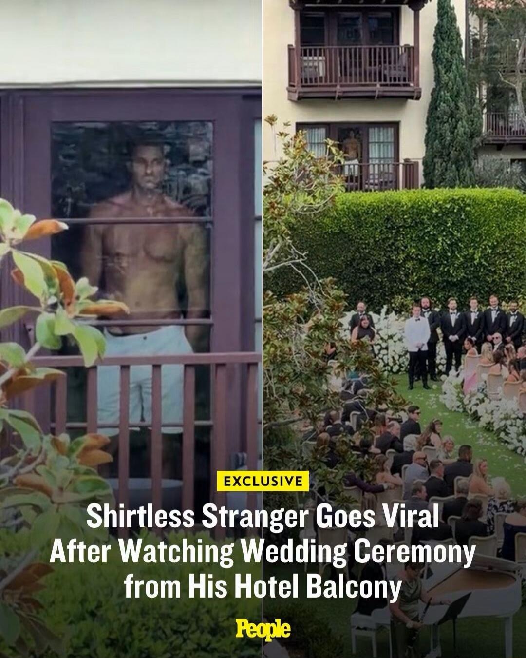 EXCLUSIVE Shirtless Stranger Goes Viral After Watching Wedding Ceremony from His Hotel Balcony People. The image shows a shirtless man in shorts on a hotel balcony, observing an outdoor wedding ceremony taking place below with many guests and musicians.
