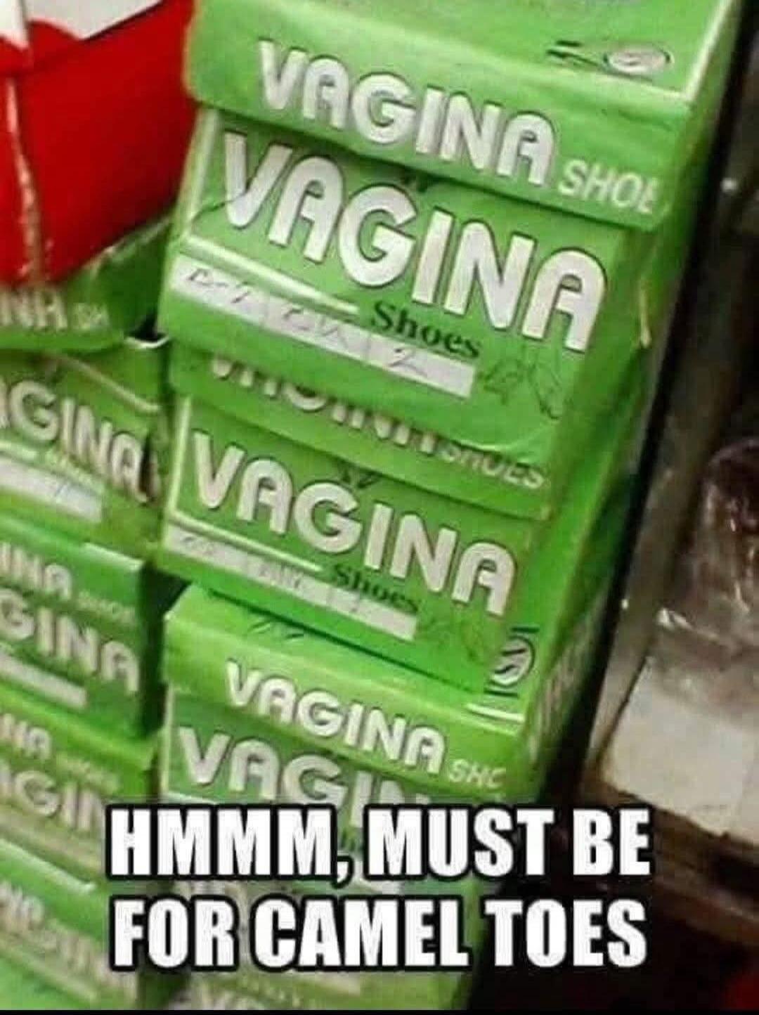 VAGINA Shoes (on stacked green boxes) — HMMM, MUST BE FOR CAMEL TOES