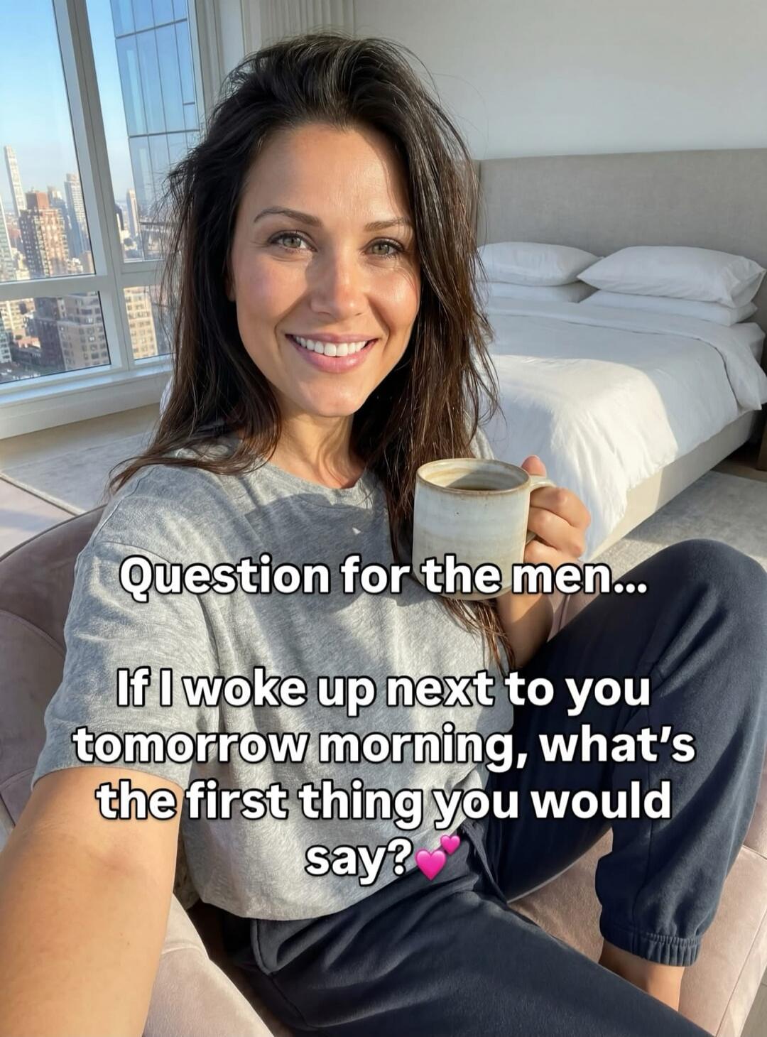 Question for the men... If I woke up next to you tomorrow morning, what's the first thing you would say?