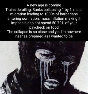 A new age is coming Trains derailing Banks collapsing 1 by 1 mass IENTUEEEG R CR IR EIGEER entering our nation mass inflation making it impossible to not spend 50 70 of your paycheck on food The collapse is so close and yet Im nowhere near as prepared as wanted to be