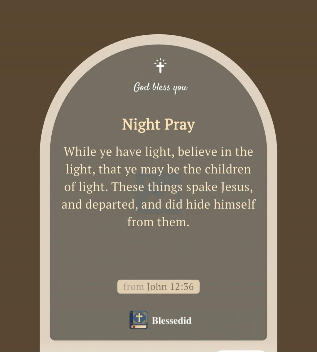God bless you Night Pray While ye have light, believe in the light, that ye may be the children of light. These things spake Jesus, and departed, and did hide himself from them. from John 12:36 Blessedid