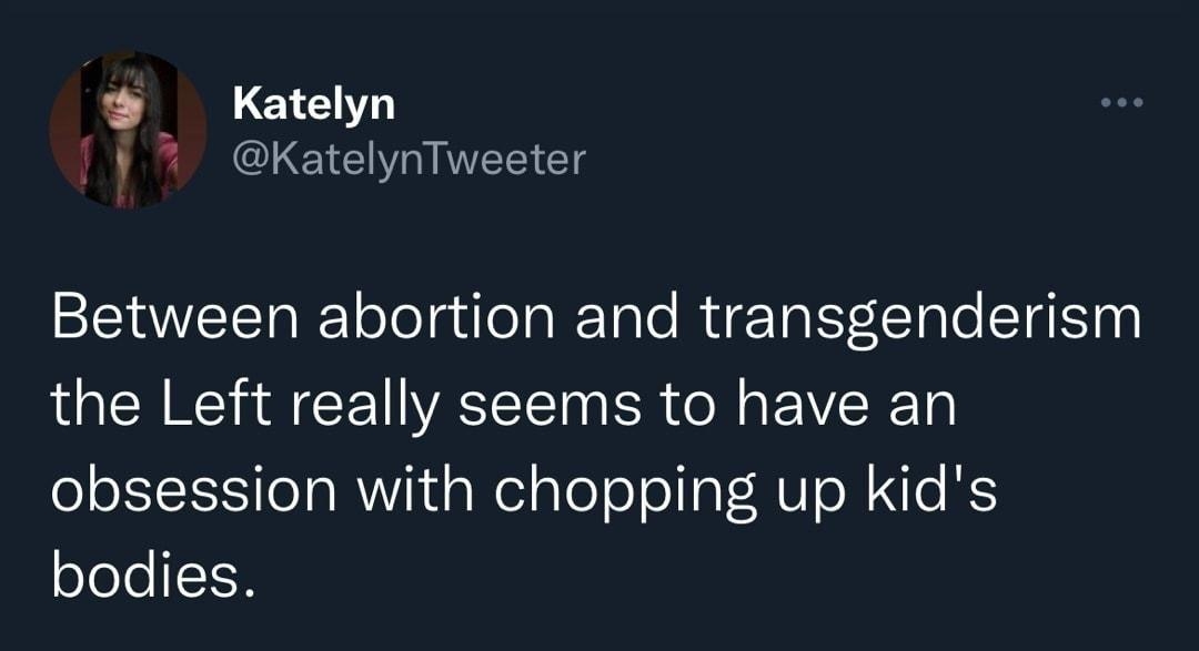 Katelyn 7 KatelynTweeter Between abortion and transgenderism the Left really seems to have an obsession with chopping up kids ofele R 326 PM 9722 Twitter for Android