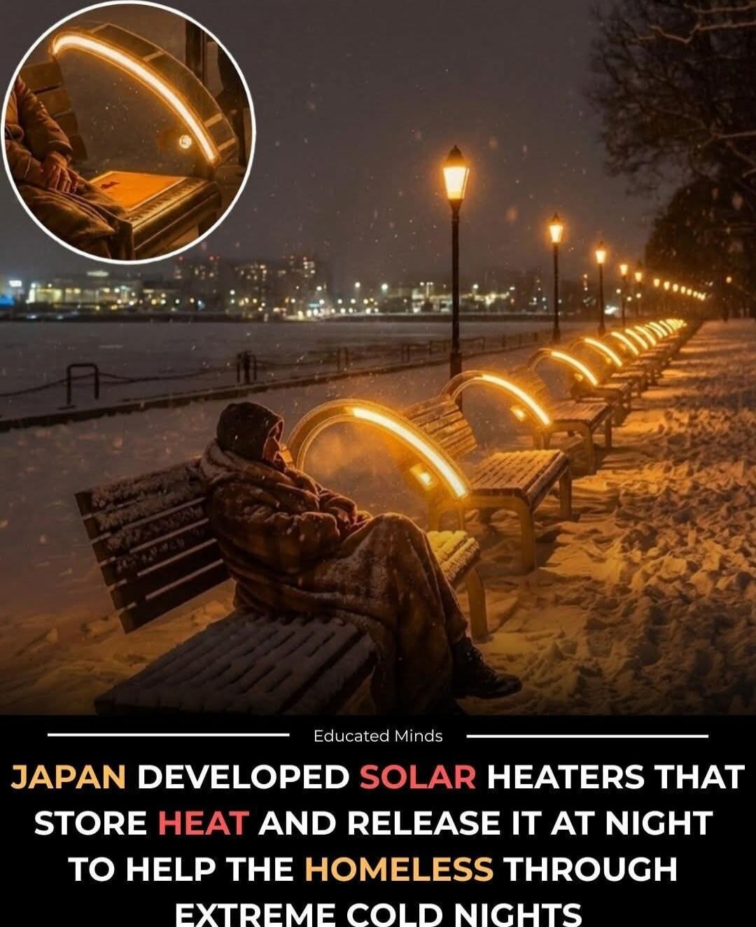 JAPAN DEVELOPED SOLAR HEATERS THAT STORE HEAT AND RELEASE IT AT NIGHT TO HELP THE HOMELESS THROUGH EXTREME COLD NIGHTS