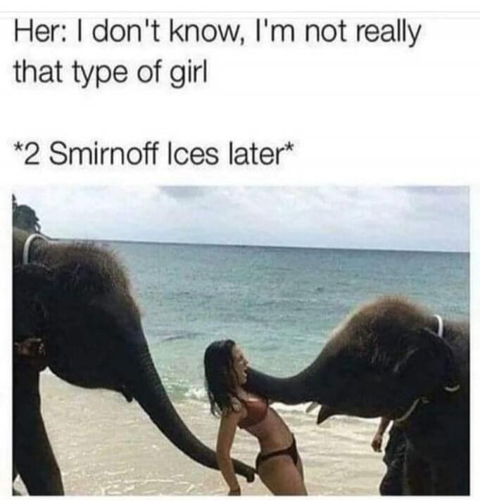 Her: I don't know, I'm not really that type of girl *2 Smirnoff Ices later*