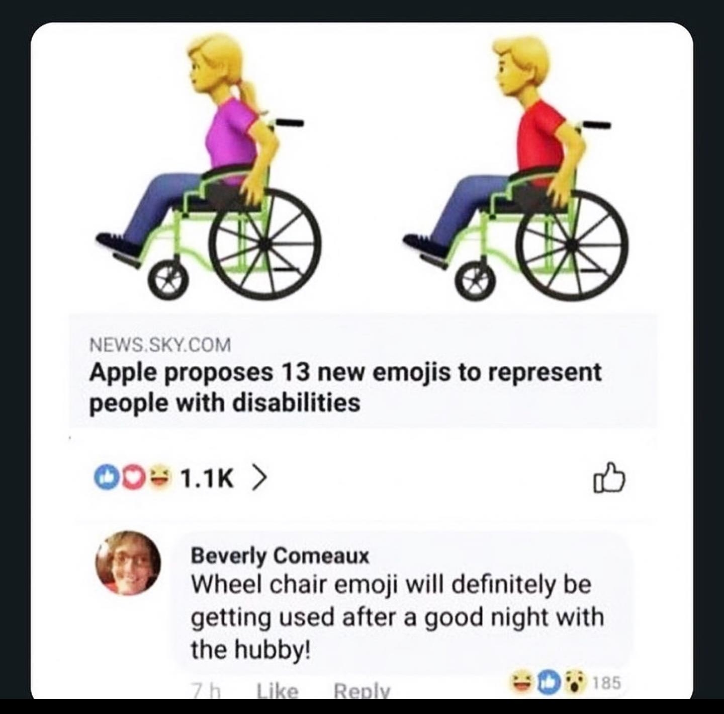 NEWS CKVY COM EWSSKYCOM Appl proposes 13 new emojis to represent people with disabilities 00 11K D i Beverly Comeaux Wheel chair emoji will definitely be getting used after a good night with the hubby like Rebl 0