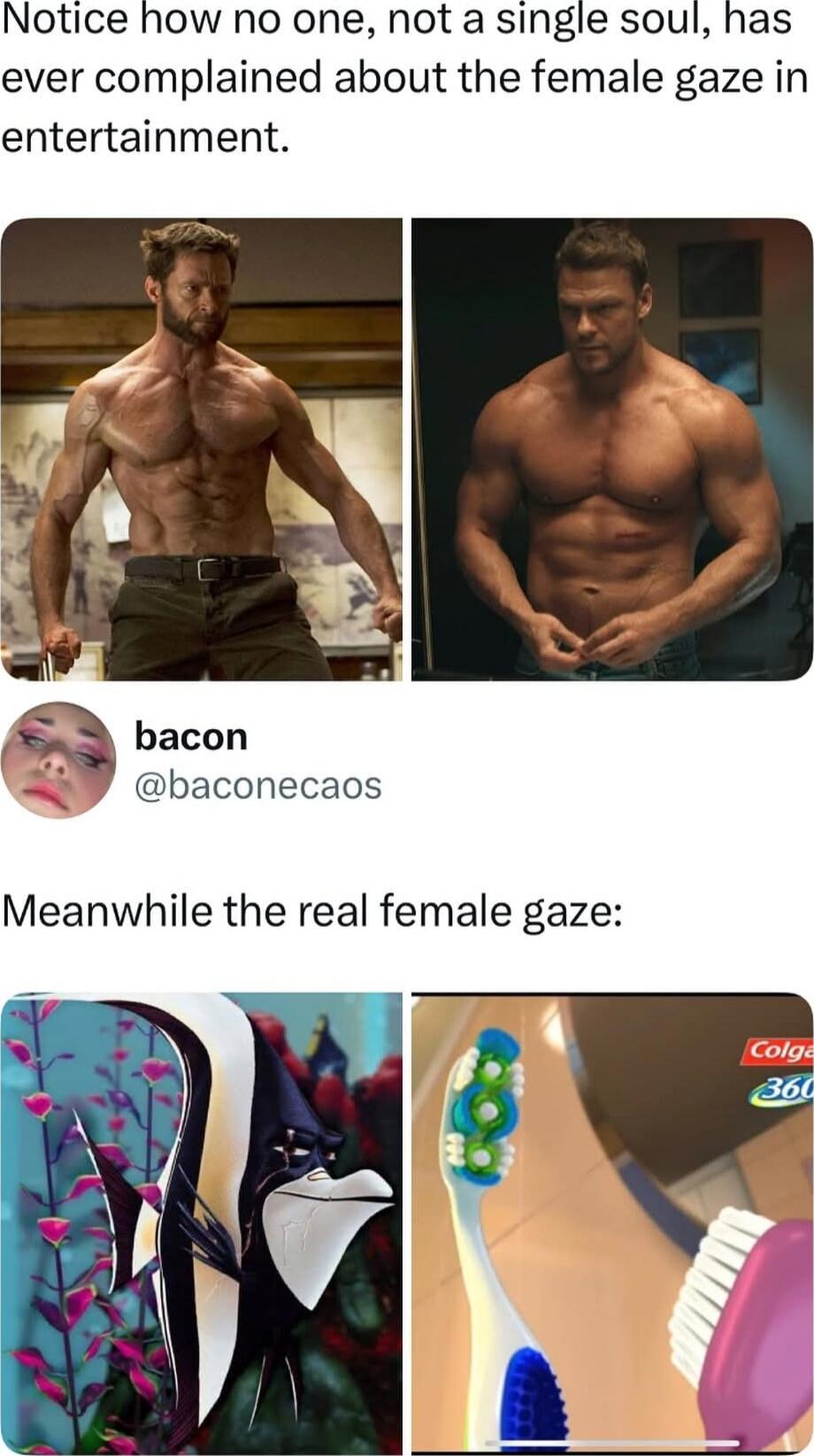 Notice how no one, not a single soul, has ever complained about the female gaze in entertainment. Meanwhile the real female gaze: