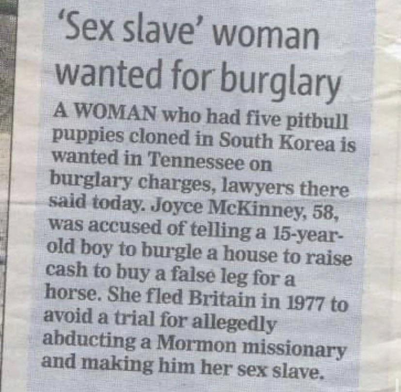 Sex slave woman wanted for burglary A WOMAN who had five pitbull puppies cloned in South Korea js wanted in Tennessee on burglary charges lawyers there McKinney 58