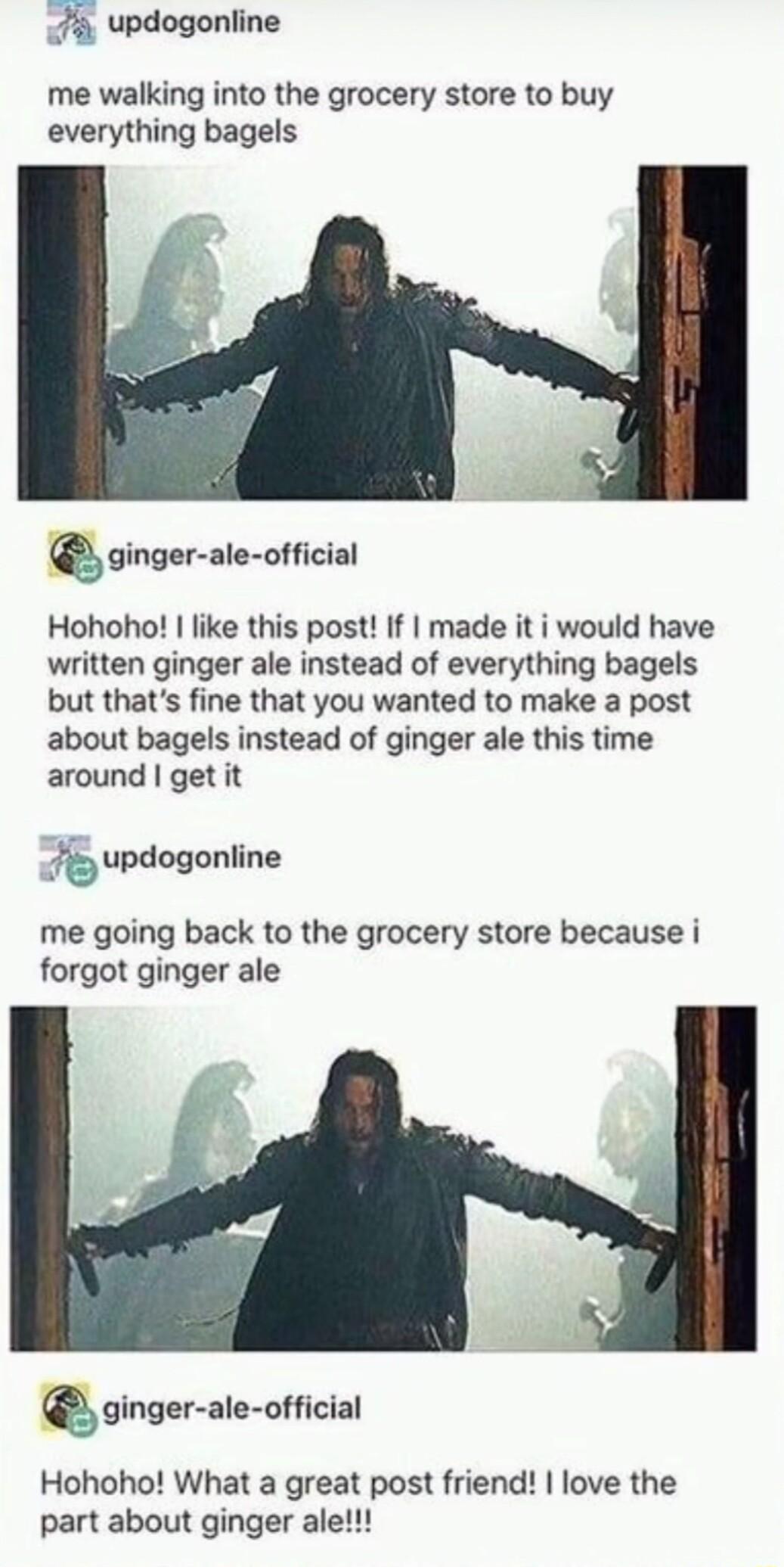 7 updogonline me walking into the grocery store to buy everything bagels ginger ale official Hohoho like this post If made it i would have written ginger ale instead of everything bagels but thats fine that you wanted to make a post about bagels instead of ginger ale this time around get it 3 updcgonline me going back to the grocery store because i forgot ginger ale Qgingerale oicial Hohoho What a