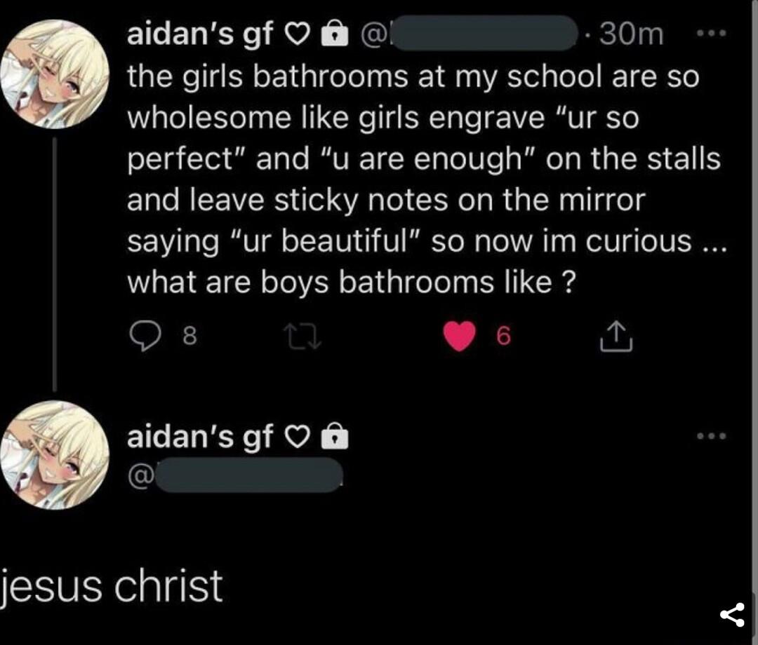 jesus christ EICELEX AV JE 30m the girls bathrooms at my school are so wholesome like girls engrave ur so perfect and u are enough on the stalls and leave sticky notes on the mirror saying ur beautiful so now im curious what are boys bathrooms like Qs s EILELERC AV