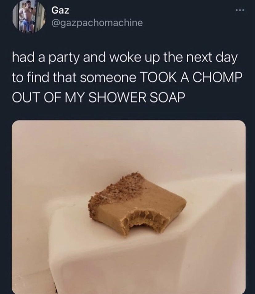 Gaz e gazpachomachine had a party and woke up the next day to find that someone TOOK A CHOMP OUT OF MY SHOWER SOAP