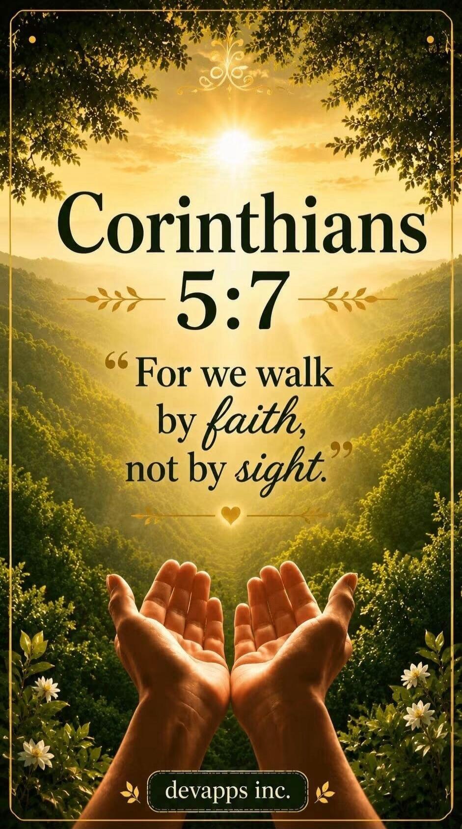Corinthians 5:7. For we walk by faith, not by sight. devapps inc.
