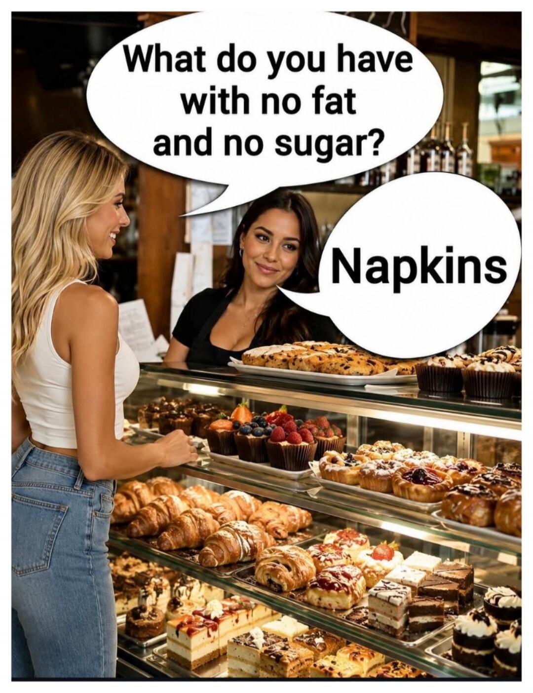 What do you have with no fat and no sugar? Napkins