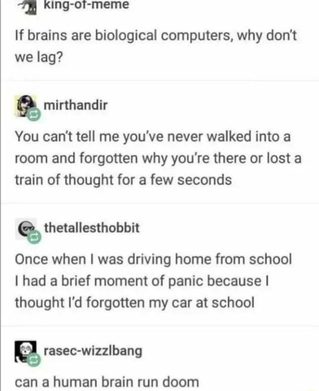 73 ng oi meme If brains are biological computers why dont we lag mlnhandlr You cant tell me youve never walked into a room and forgotten why youre there or lost a train of thought for a few seconds slhmllethnhbn Once when was driving home from school had a brief moment of panic because thought Id forgotten my car at school rasec wizzlbang can a human brain run doom
