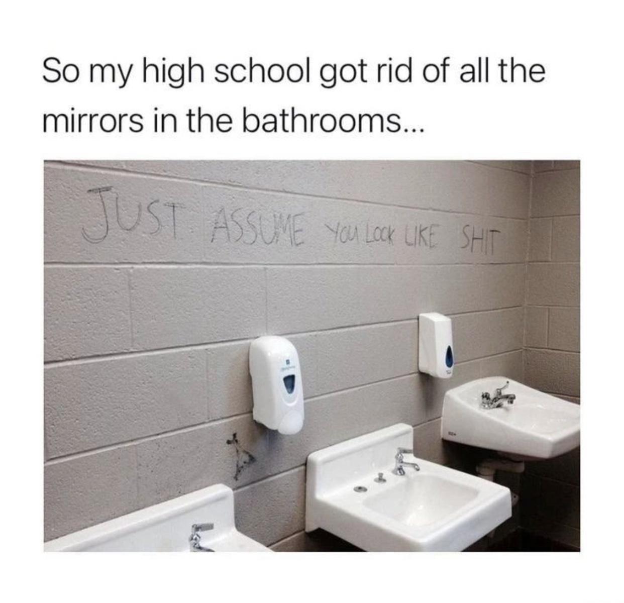 So my high school got rid of all the mirrors in the bathrooms
