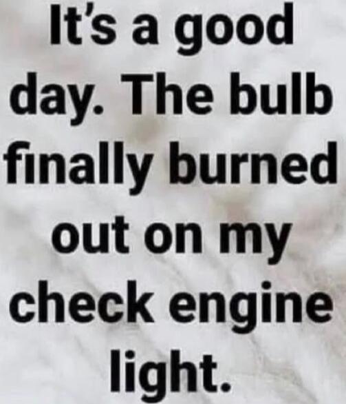 It's a good day. The bulb finally burned out on my check engine light.