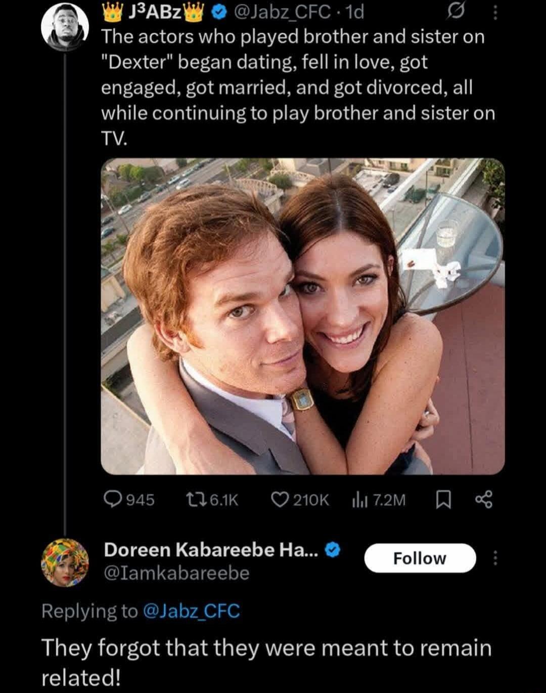 The actors who played brother and sister on 'Dexter' began dating, fell in love, got engaged, got married, and got divorced, all while continuing to play brother and sister on TV. They forgot that they were meant to remain related!