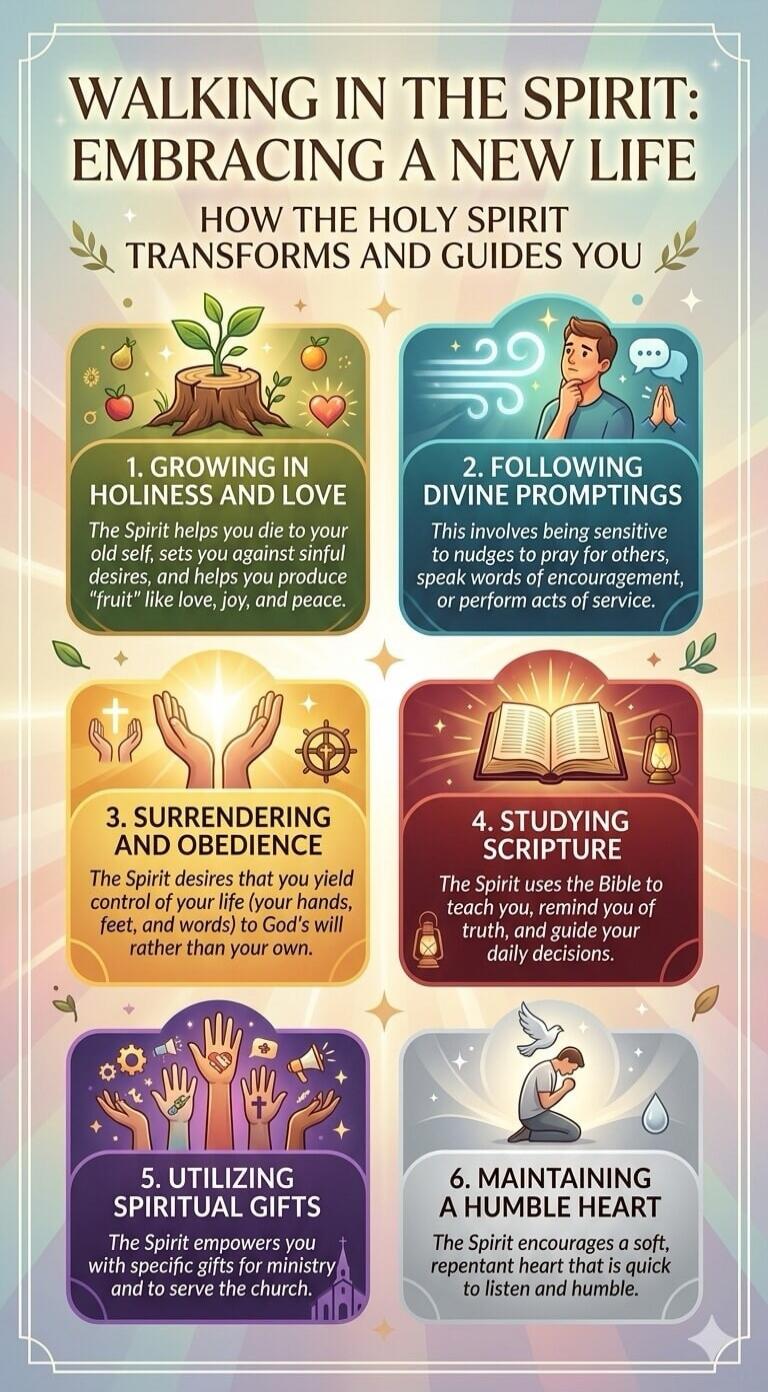 WALKING IN THE SPIRIT: EMBRACING A NEW LIFE HOW THE HOLY SPIRIT TRANSFORMS AND GUIDES YOU 1. GROWING IN HOLINESS AND LOVE The Spirit helps you die to your old self, sets you against sinful desires, and helps you produce 