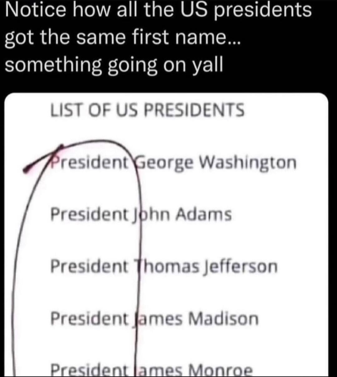 Notice how all the US presidents got the same first name something going on yall LIST OF US PRESIDENTS residentGeorge Washington President Jbhn Adams President Thomas Jefferson President fames Madison President lames Monroe