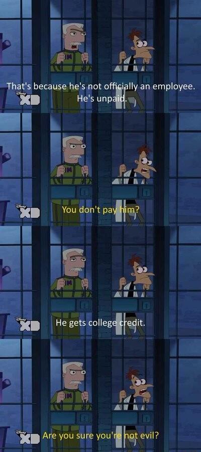 Thats because hes not offigially an employee Hes unp ik 1l FOI8 P N R h You dont pah R E l P Hegets collegilqit i o B no r A Y Are you sure voullh evil