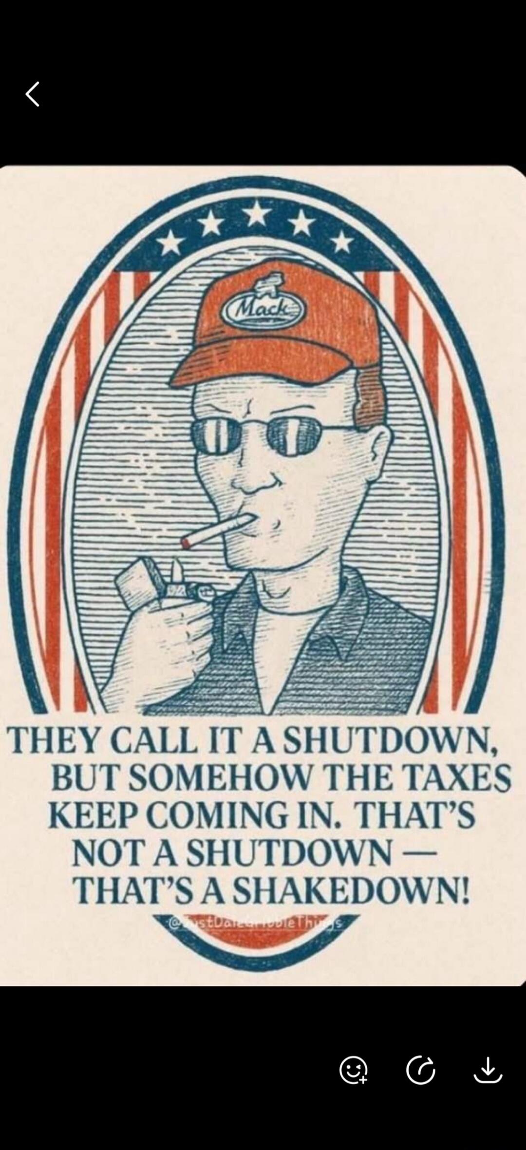 THEY CALL IT A SHUTDOWN, BUT SOMEHOW THE TAXES KEEP COMING IN. THAT'S NOT A SHUTDOWN — THAT'S A SHAKEDOWN! Mack. @JustDankMemableThings
