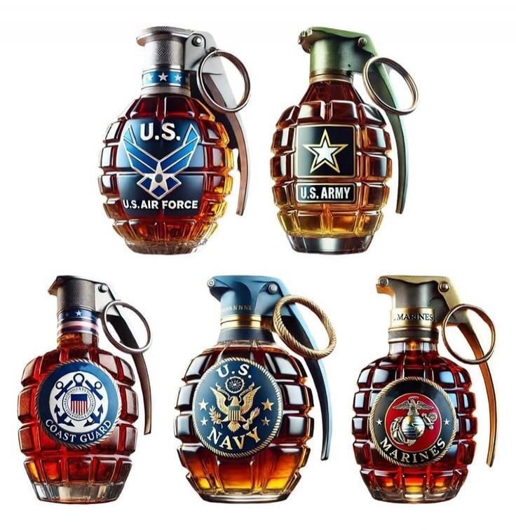 U.S. AIR FORCE, U.S. ARMY, U.S. COAST GUARD, U.S. NAVY, U.S. MARINES. Five grenade-shaped bottles, each representing a branch of the U.S. military.
