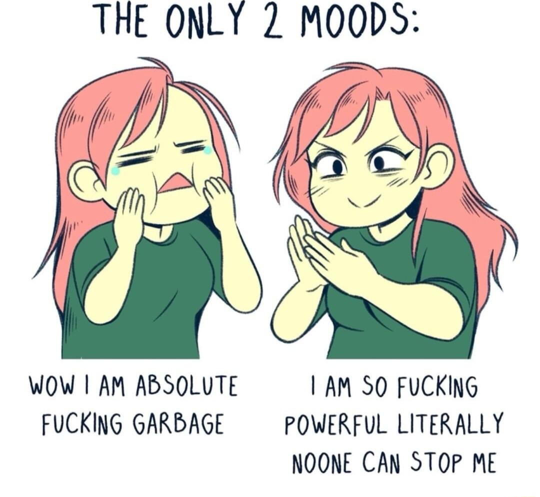 THE ONLY 2 MOODS WOW AM ABSOLUTE AM 50 FUCKING FUCKING GARBAGE POWERFUL LITERALLY NOONE CAN STOP ME