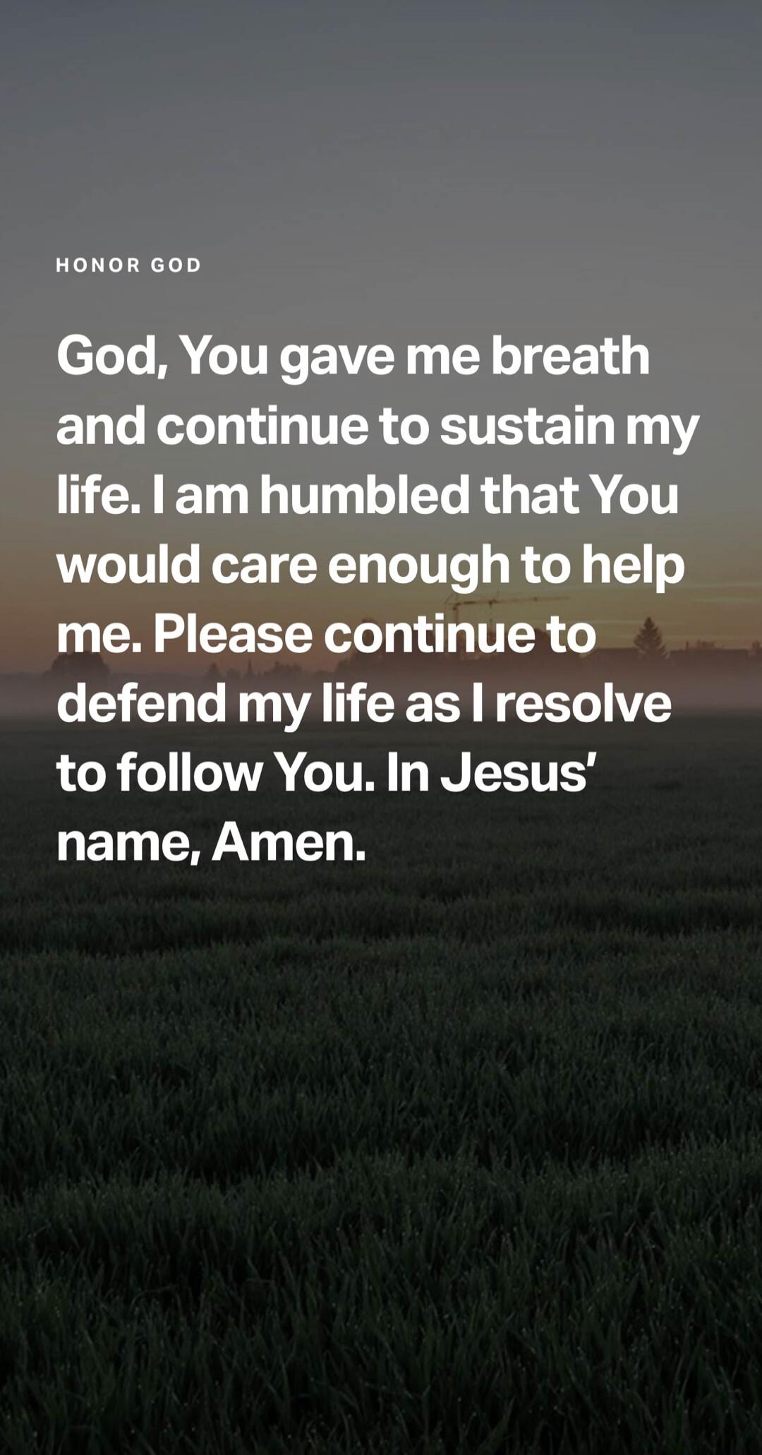 HONOR GOD God, You gave me breath and continue to sustain my life. I am humbled that You would care enough to help me. Please continue to defend my life as I resolve to follow You. In Jesus' name, Amen.